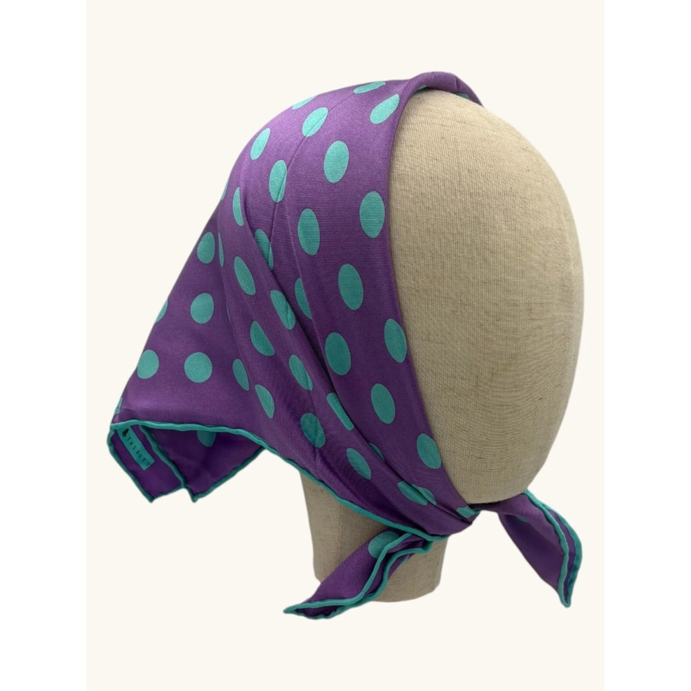 Audrey Talbott Purple Teal Polka Dot Silk Square Scarf Hand Rolled Edges Retro